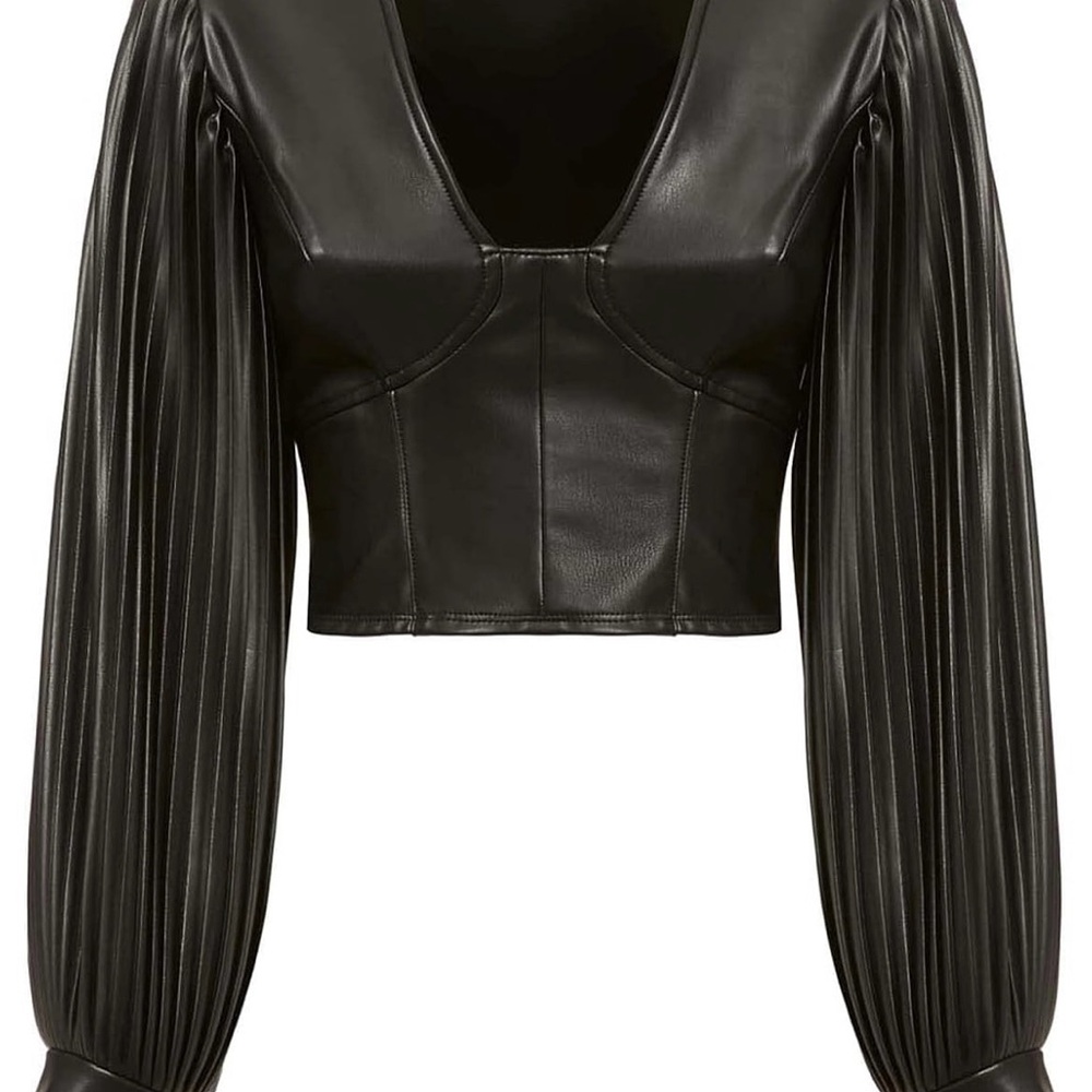 Guess Black Leather Cropped Jacket with Dramatic Sleeves